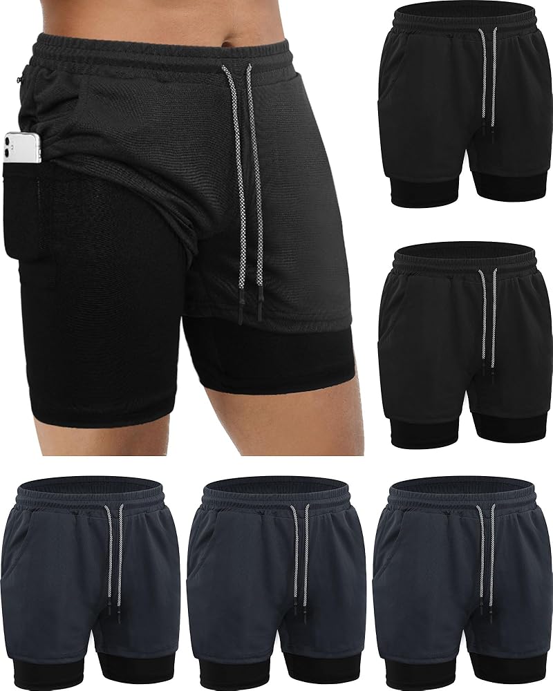 Sureio 6 Pcs Men's 2 in 1 Workout Running Shorts Athletic Gym Shorts with Liner Quick Dry Shorts with Side Pockets Towel Loop