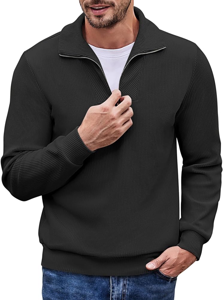 COOFANDY Men's Quarter Zip Up Pullover Slim Fit Mock Neck Long Sleeve Sweaters Casual Corduroy Polo Sweatshirt