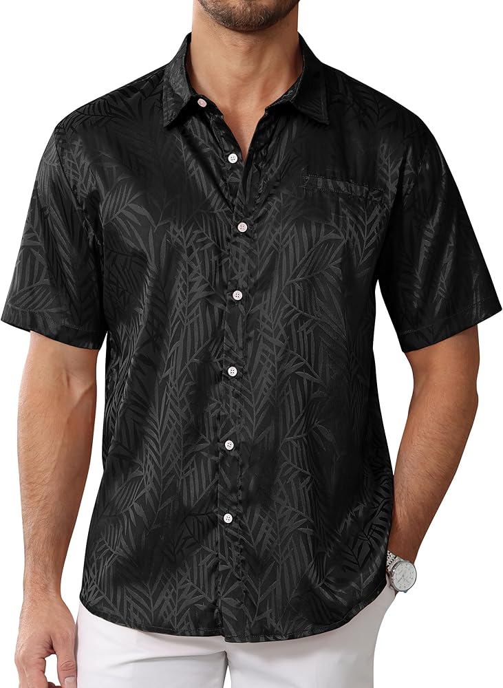 Mens Shirts Summer Hawaiian Shirt for Men Silk Satin Jacquard Shirts Casual Short Sleeve Button Down Beach Tops