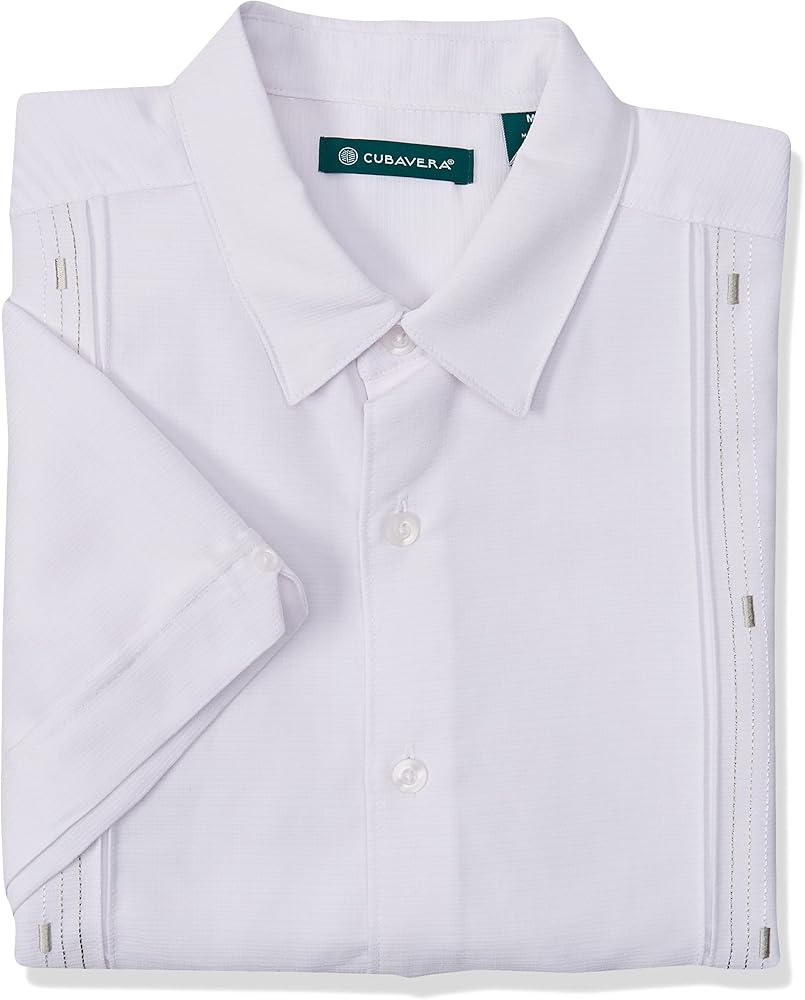 Cubavera mens Cuban Camp With Contrast Insert Panels Button Down Shirt, Bright White With Variating Tuck Pattern, Medium US