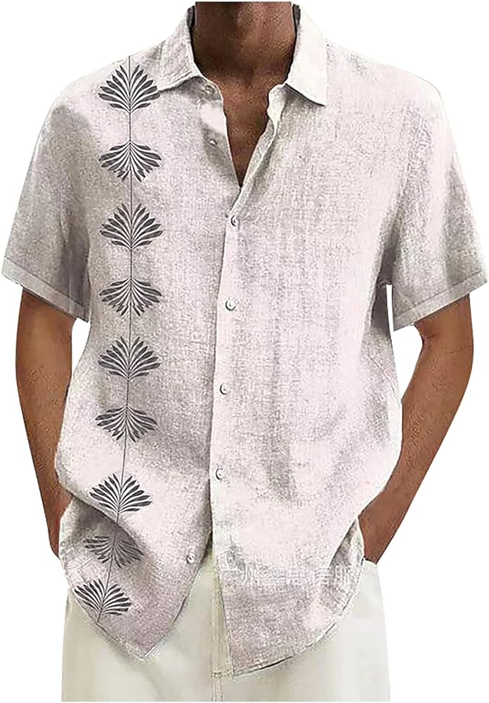 Summer Linen Mens Shirt Button Down Printed Casual Tops Plus Size Trendy Lapel Tshirts 2024 Blouse Tees