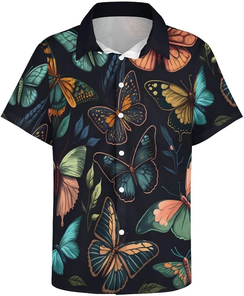 Hawaiian Shirts for Men Butterfly Print Button Down Shirts Summer Beach Shirt