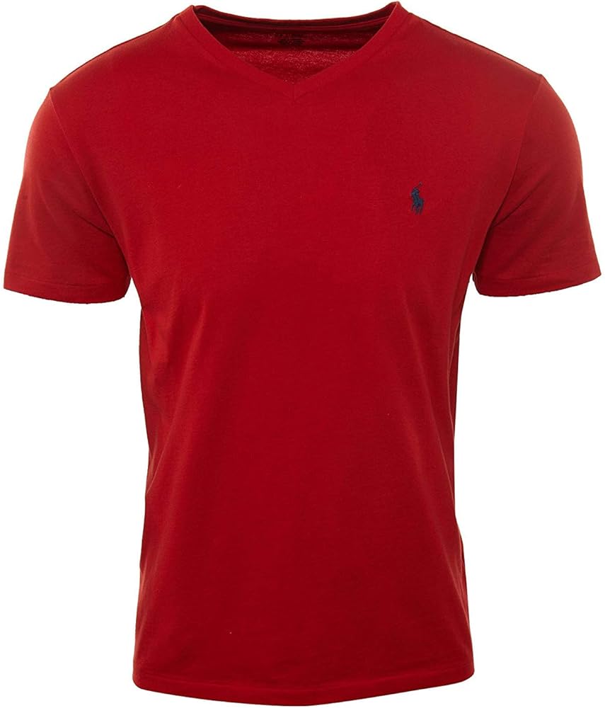 POLO RALPH LAUREN Men's Classic Fit V-Neck T-Shirt (Medium, Red/Navy Pony)