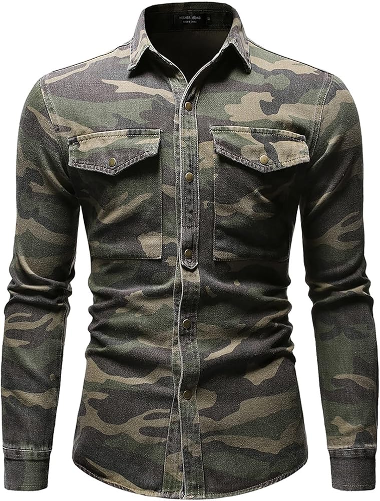 utcoco Men's Casual Slim Fit Long Sleeve Lapel Button Down Denim Shirt with Chest Pockets