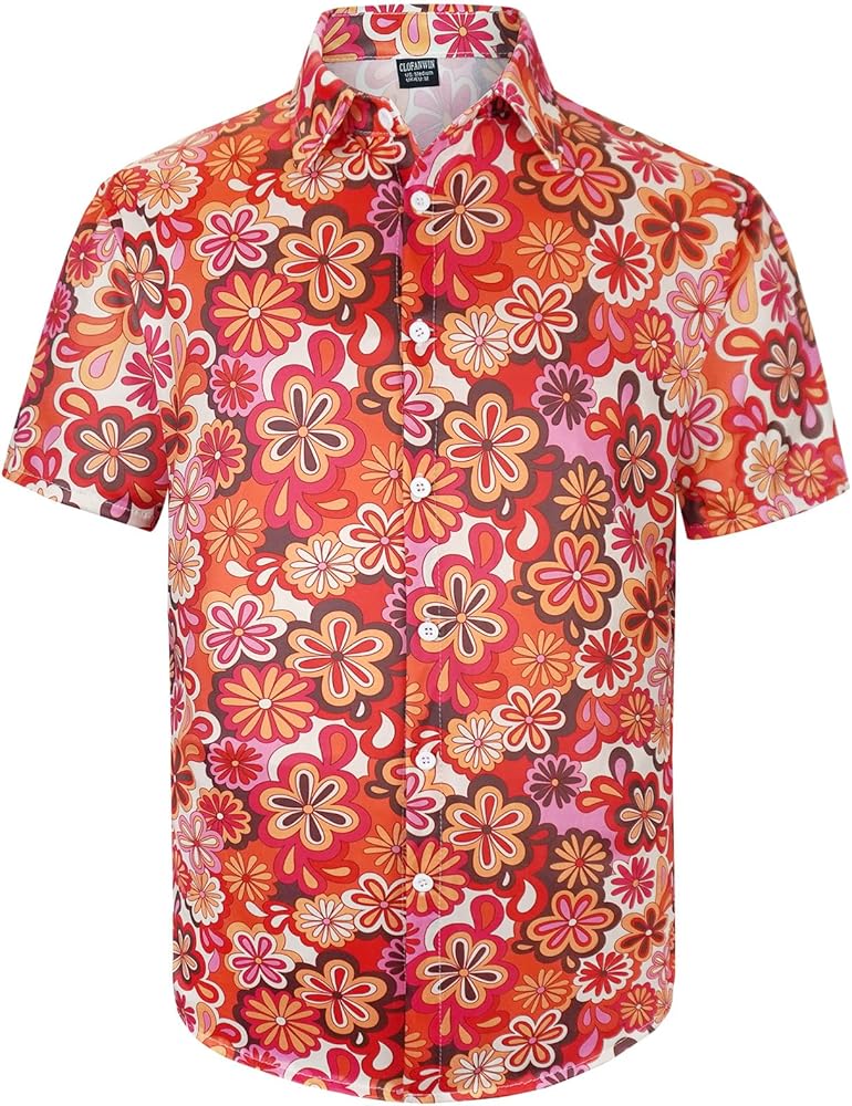 Men's 70s Floral Disco Retro Hippie Flower Casual Button Down Short Sleeve Shirts