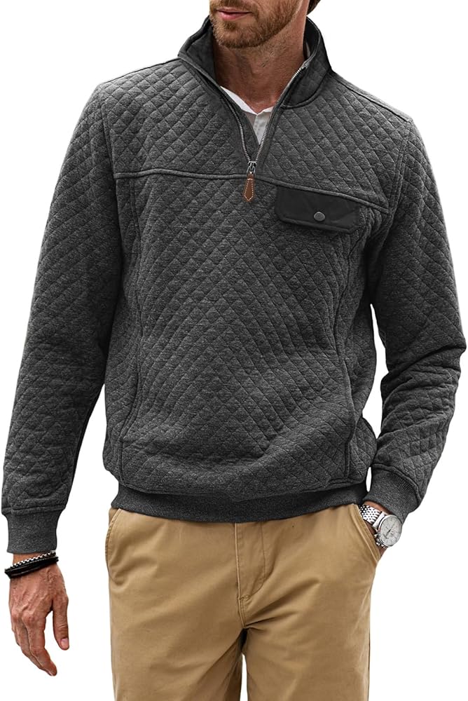 JMIERR Men's Quilted Sweatshirt Casual Long Sleeve Outdoor Stand Collar Quarter-Zip Pullover Sweatshirts