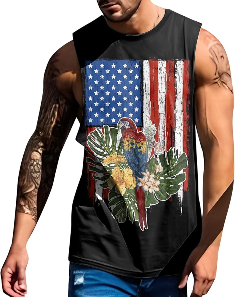 Summer Tank Tops for Men Sleeveless Crew Neck USA Flag 4th of July Independence Day Printed T Shirts Patriotic Tops