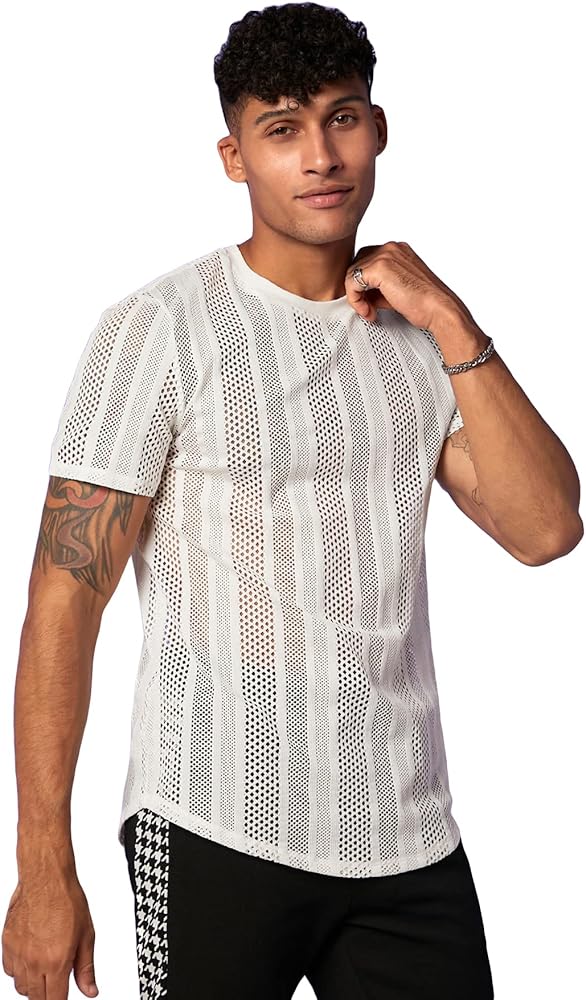 OYOANGLE Men's Fishnet Sheer Mesh Short Sleeve Round Neck T Shirts See Through Blouse