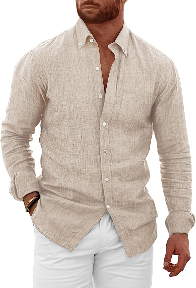 Mens Linen Shirt Long Sleeve Vacation Casual Button Down Beach Shirts