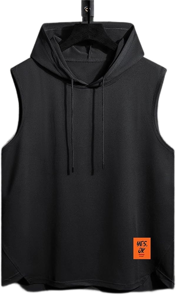 Men's T-Shirts Men Letter Patched Detail Drawstring Hooded High Low Hem Tank Top T-Shirts for menQWEWQE