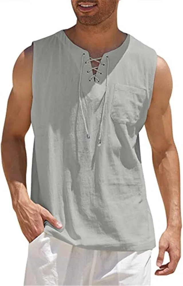 Men's Tank top, Shirt with Solid Cotton and Linen Short Sleeve T-Shirt S Grey