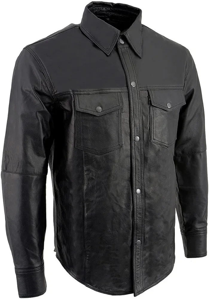 Milwaukee Leather LKM1600 Men's Black Lightweight Casual Biker Style Leather Shirt - Large