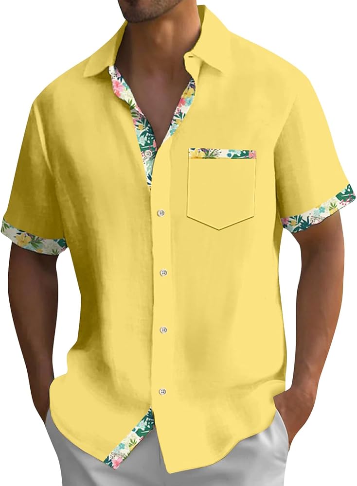 Hawaiian Shirt for Men Button Down Short Sleeve Blouse Stretch V Neck Blouses Summer Beach Aloha Shirts with Pocket