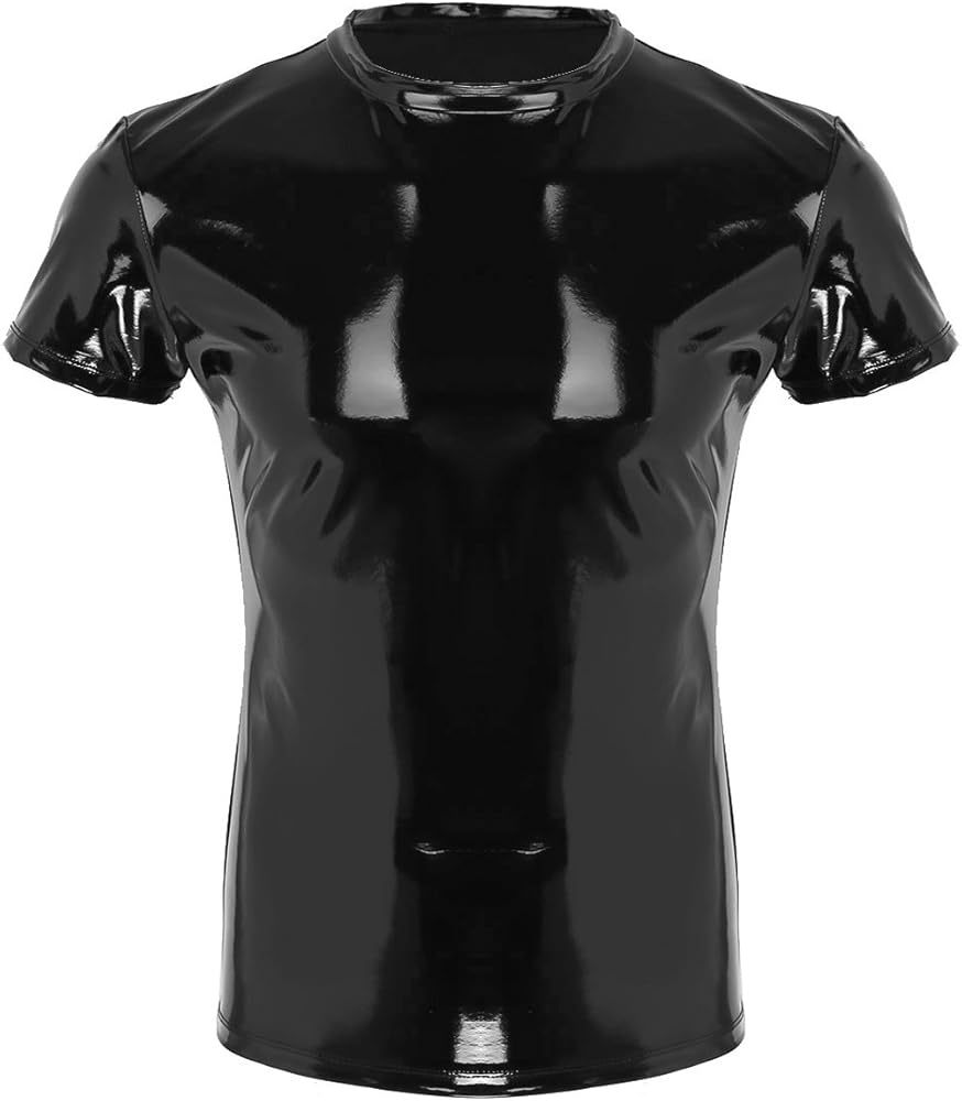 Mens Wetlook Shiny PVC Leather Short Sleeve Muscle Tank Top T-Shirt Clubwear