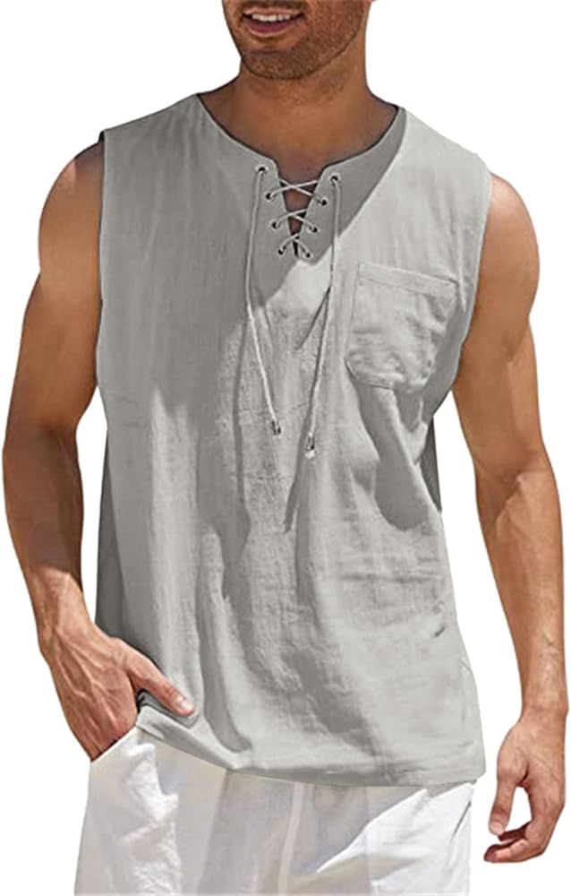 Mens Linen Sleeveless Shirts Summer Casual Beach Henley Tank Tops Loose Lace Up Hippie Boho Renaissance Pirate Tunic