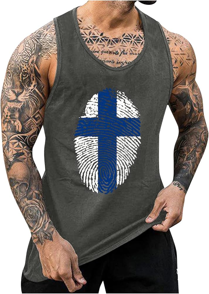 Men's Sports Tank Tops Cross Print Athletic Gym Bodybuilding Fitness Sleeveless Shirts for Beach Running Workout