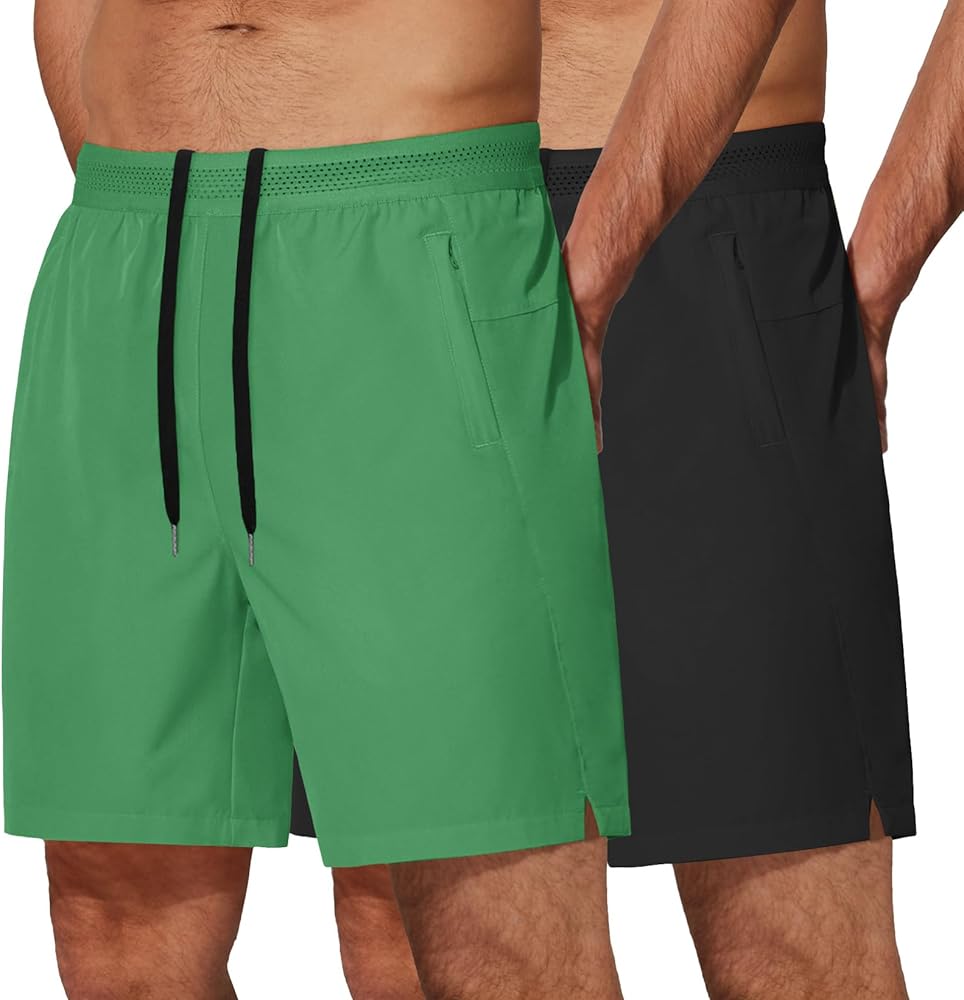 COOFANDY Mens Athletic Running Shorts 7'' Gym Workout Shorts 2 Pack Drawstring Training Shorts with Zipper Pockets