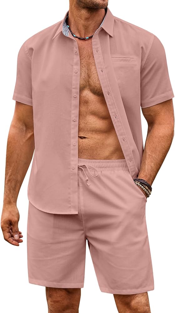 COOFANDY Men's 2 Pieces Linen Set Short Sleeve Beach Outfits Casual Button Down Shirt and Short Sets with Pockets