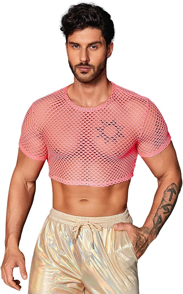 OYOANGLE Men's Neon Lime Fishnet Mesh Short Sleeve Round Neck Party Club Crop Tee Top