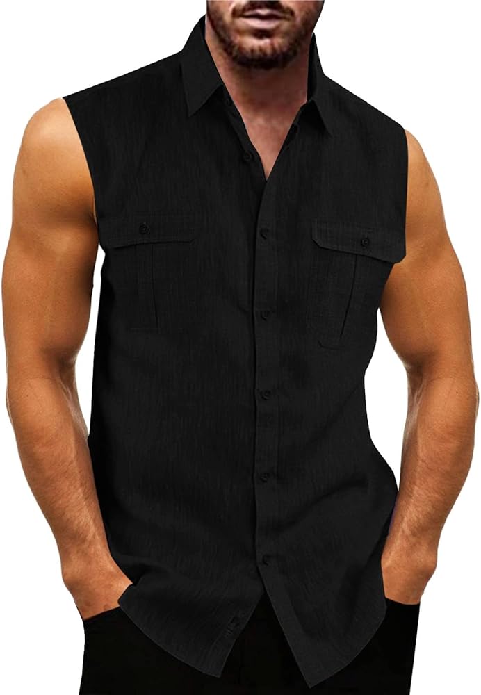 Sleeveless Shirts for Men Cotton Blend Casual Solid Cut Off T Shirts Casual Button Down Tank Tops with Front Pockets