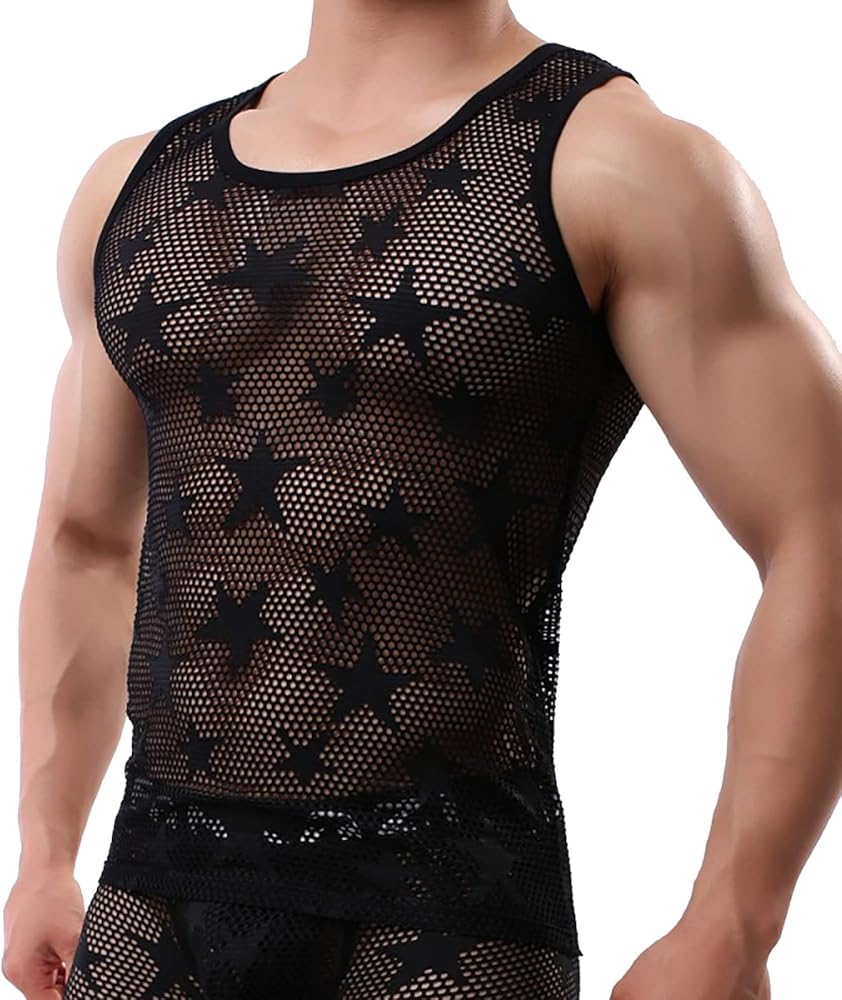 Mens Fishnet Tank Top See Through Mesh Sleeveless Shirt Muscle Semi Sheer Mesh T Shirt Sexy Tank Fishnet Tee