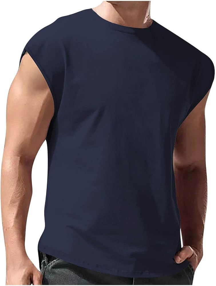 Summer Tank Tops for Men, Men'S Casual Sleeveless Beach Retro Summer Solid Color Round Neck Sleeveless