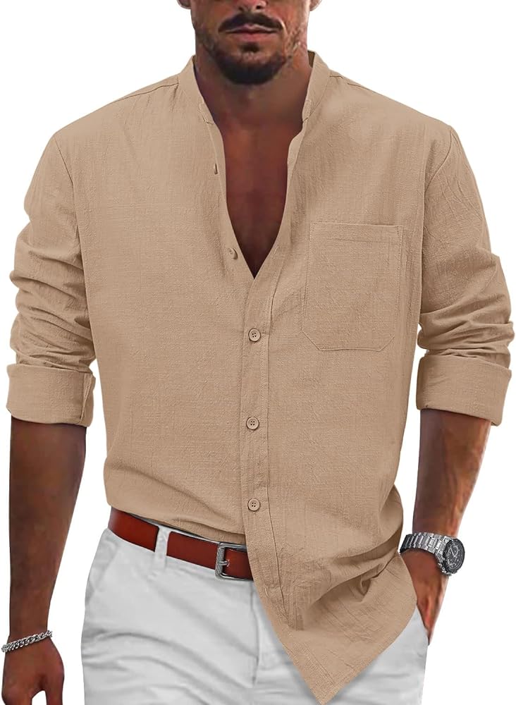 Mens Casual Button Down Long Sleeve Cotton Linen Dress Shirts Regular Fit