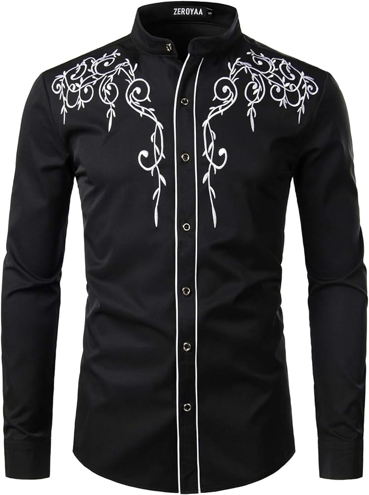 ZEROYAA Men's Western Stylish Band Collar Dress Shirts Embroidery Slim Fit Long Sleeve Mandarin Collar Shirt