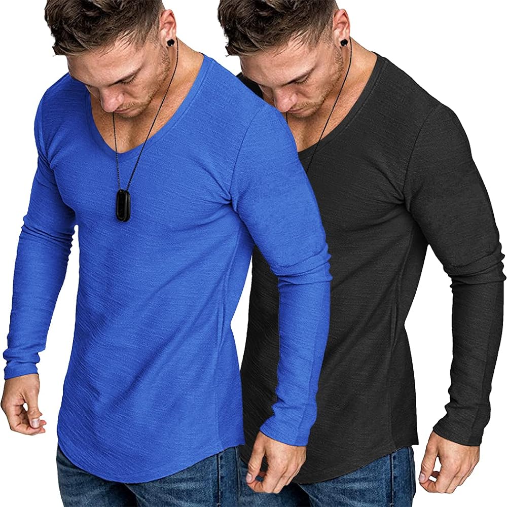 COOFANDY Men 2 Pack Muscle V Neck T Shirt Gym Athletic Fit Long Sleeves Tee Top