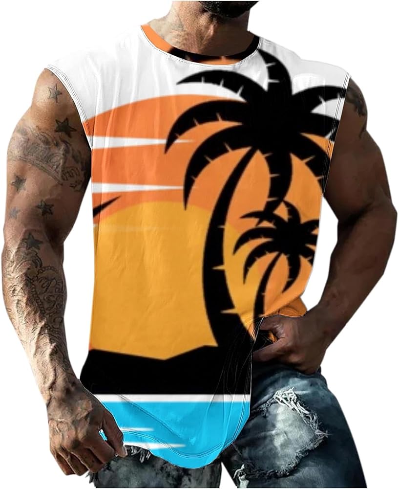 Sleeveless TShirts for Men Round Neck Tank Tops Hawaiian Beach Shirts Palm Tree Graphic Sports Top Regular Fit Tees