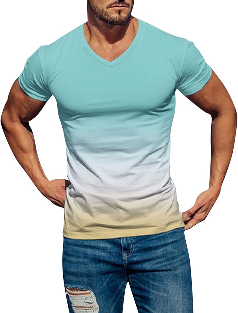 Men's T Shirts Casual Stylish V Neck Gradient Solid Short Sleeve Slim Fit Fashion Sports Shirt Summer Breathable Tops