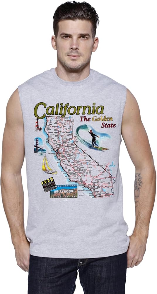 State Map California T-Shirt Sleeveless Muscle Tee Tank Top Mens