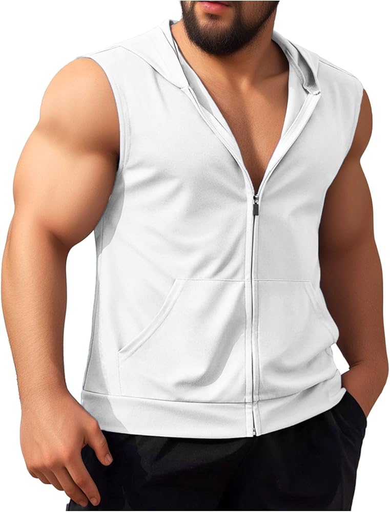 Big and Tall Men's Hooded Zipper Closure with Pockets Soft Sleeveless Vest Tank Tops Gym Athletic Muscle Hooded Top