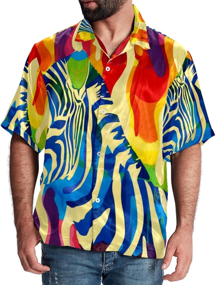 Men's Short Sleeve Hawaiian Shirt Summer Vacation Shirts, Rainbow Zebra Print