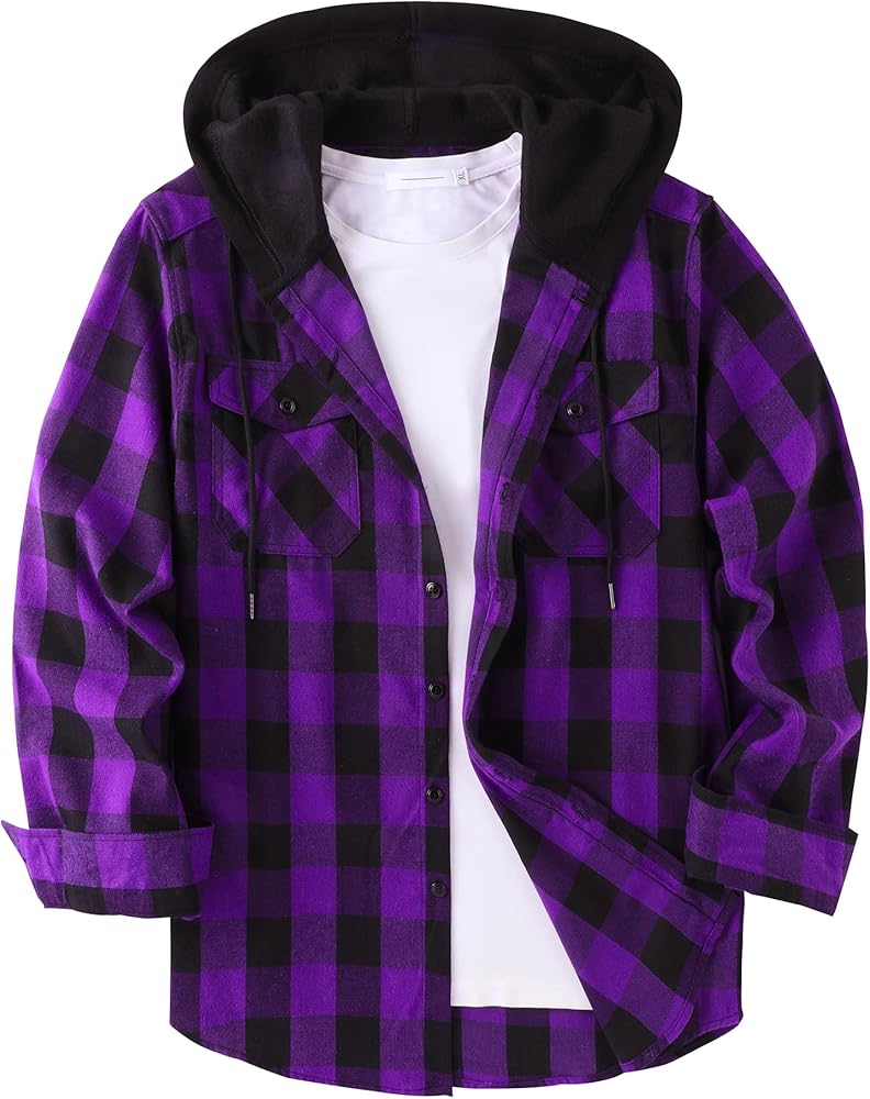 ZITY Flannel Shirt for Men Long Sleeve Plaid Button Down Casual Shirts with Hooded