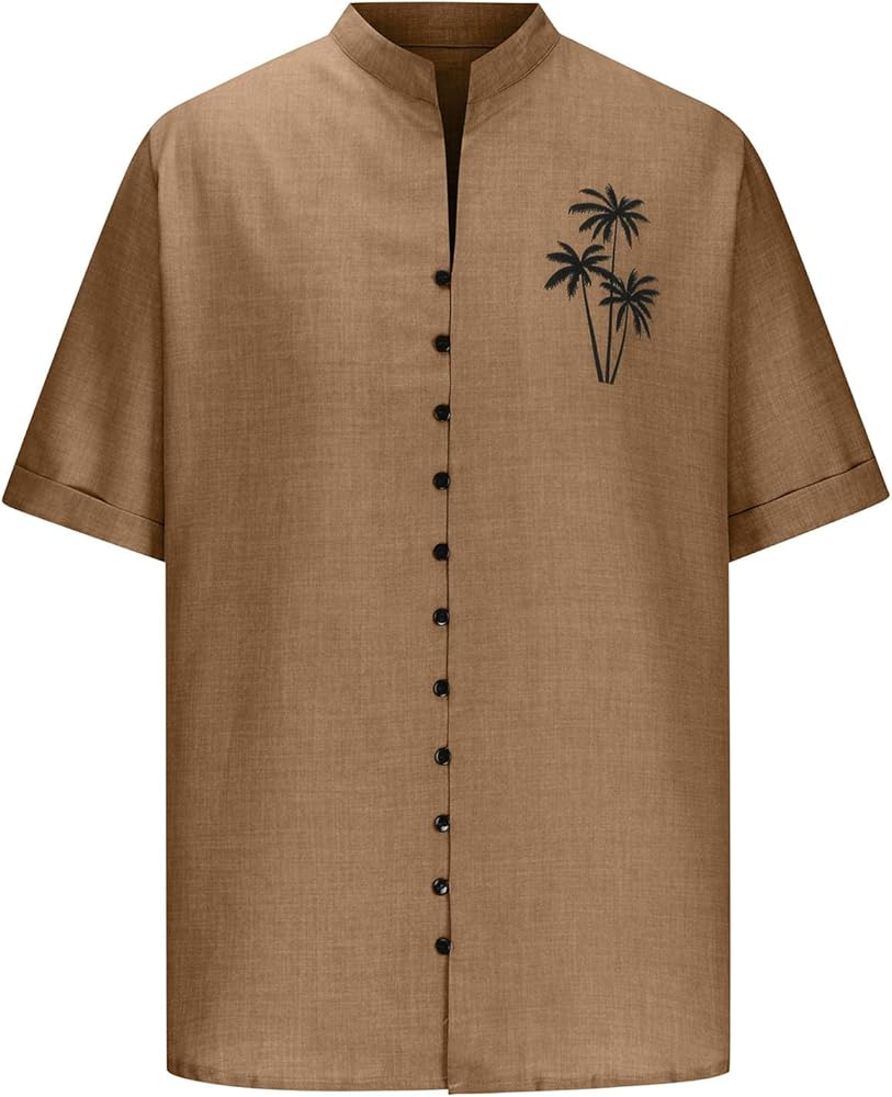 Men's Summer Tee Shirts Beach Coconut tree Print Pullover T-Shirts Stand Collar Loose Fit Tshirt Blouses Short Sleeve