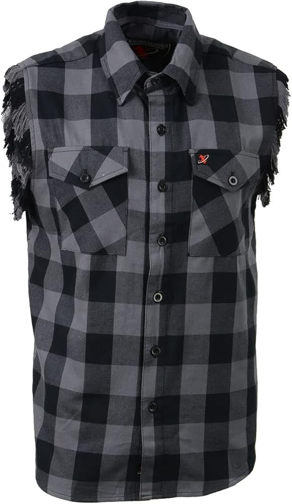 Milwaukee Leather MNG11689 Men’s Classic Black and Grey Button-Down Flannel Cut Off Frayed Sleeveless Casual Shirt