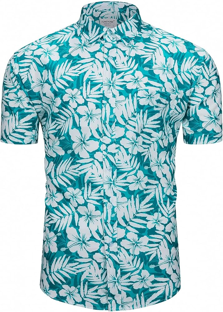 TUNEVUSE Mens Flower Shirt Short Sleeve Floral Button Down Hibiscus Pattern Aloha Shirts