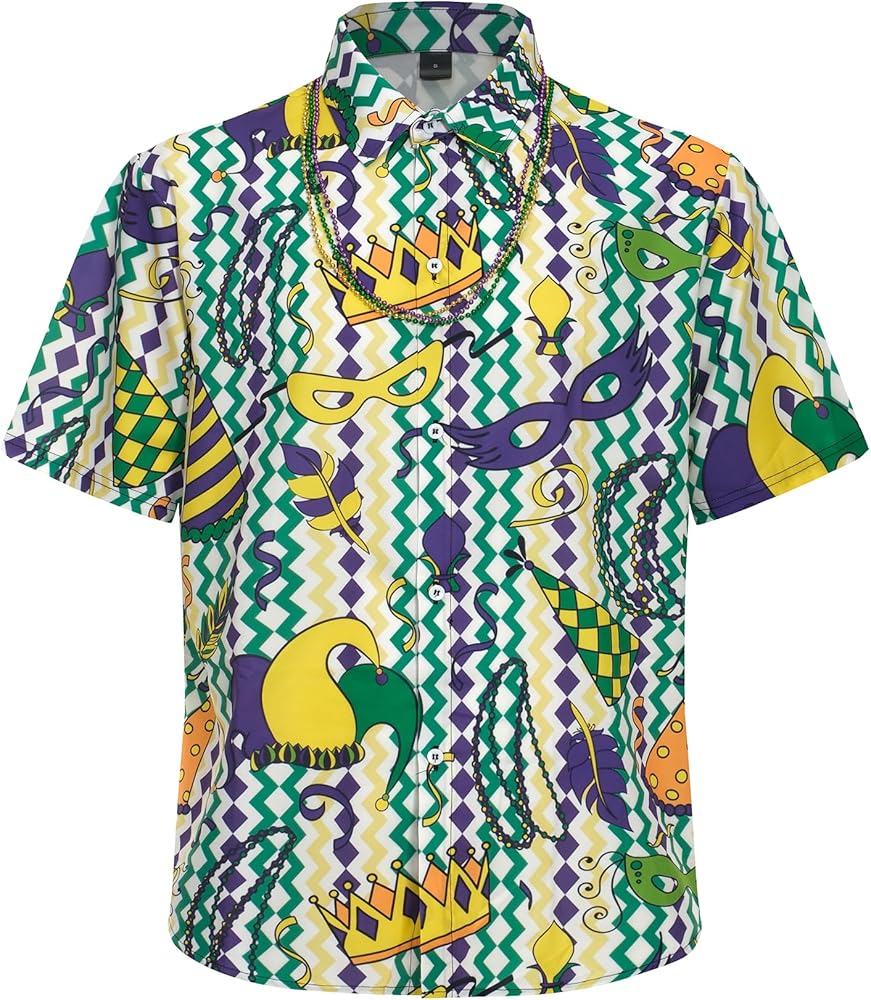 Men Mardi Gras Shirt,Print Short Sleeve Button Down Shirt, Males Funny Tropical Casual Hawaiian Beach Shirt