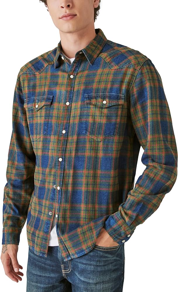 Lucky Brand Men's Plaid Indigo Western Long Sleeve Shirt