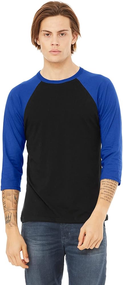 Bella + Canvas Unisex 3/4-Sleeve Baseball T-Shirt L BLACK/ TRUE ROYL