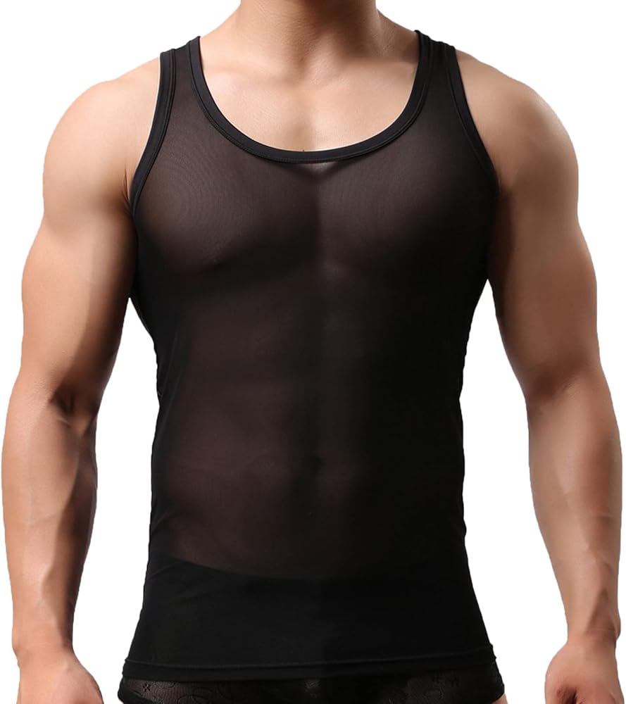 Mens Sheer Fishnet Tank Top Mesh See Through Sleeveless Muscle Tank Top Scoop Neck Mesh Solid Sleeveless T Shirts