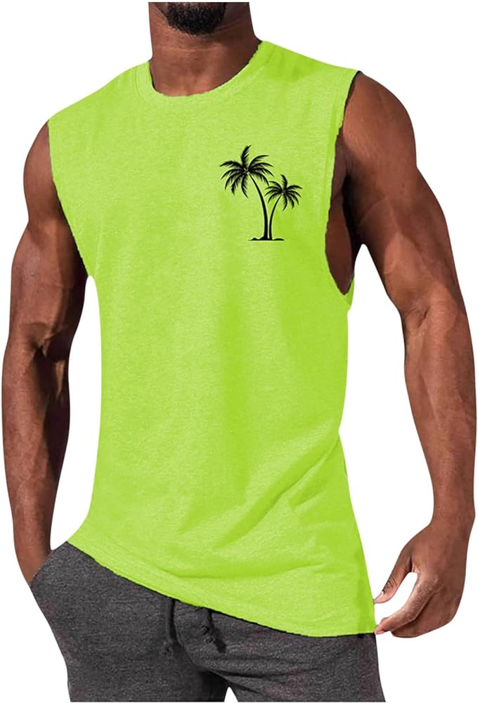 Mens Tank Tops Summer Sleeveless T Shirts Coconut Palm Print Graphic Tee Tops Plus Size Hawaiian Beach Shirts