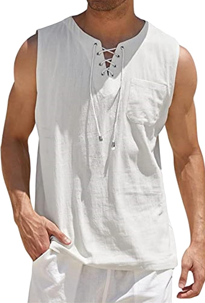 YMING Men's Plus Size Cotton Linen Lace Up Tank Tops Beach Sleeveless Shirt Plain Renaissance Pirate Tunics