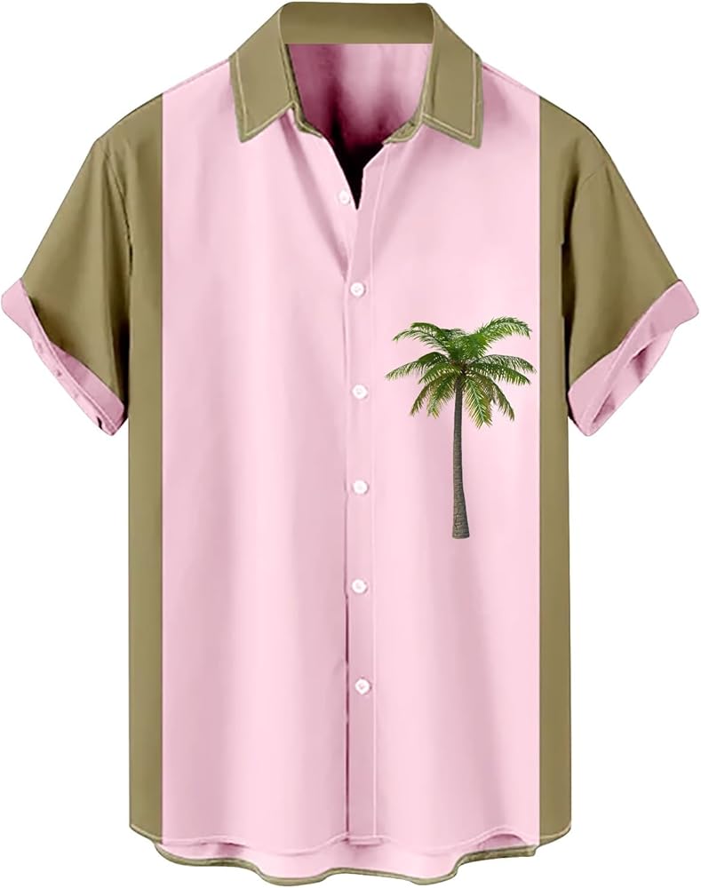 Mens Hawaiin Shirt Funny Coconut Tree Stripe Print Shirts Summer Loose V Neck Button-Down Tshirts Breathable Tops