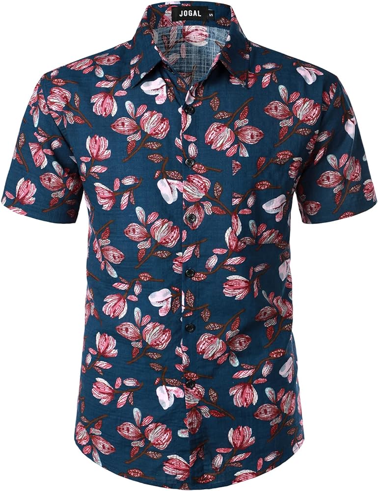 JOGAL Men's Flower Short Sleeve Button Down Hawaiian Shirt