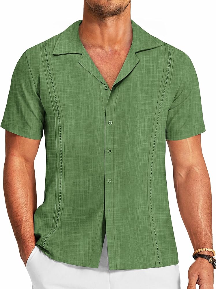 COOFANDY Men's Cuban Guayabera Shirt Linen Short Sleeve Button Down Summer Shirt