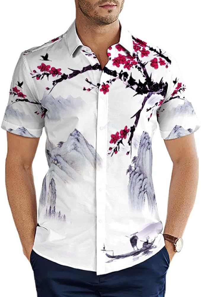 Man Button-Down Shirts Japanese Cherry Blossom Natural Landscape Hawaiian Shirts Short Sleeve Cooling Summer Shirts