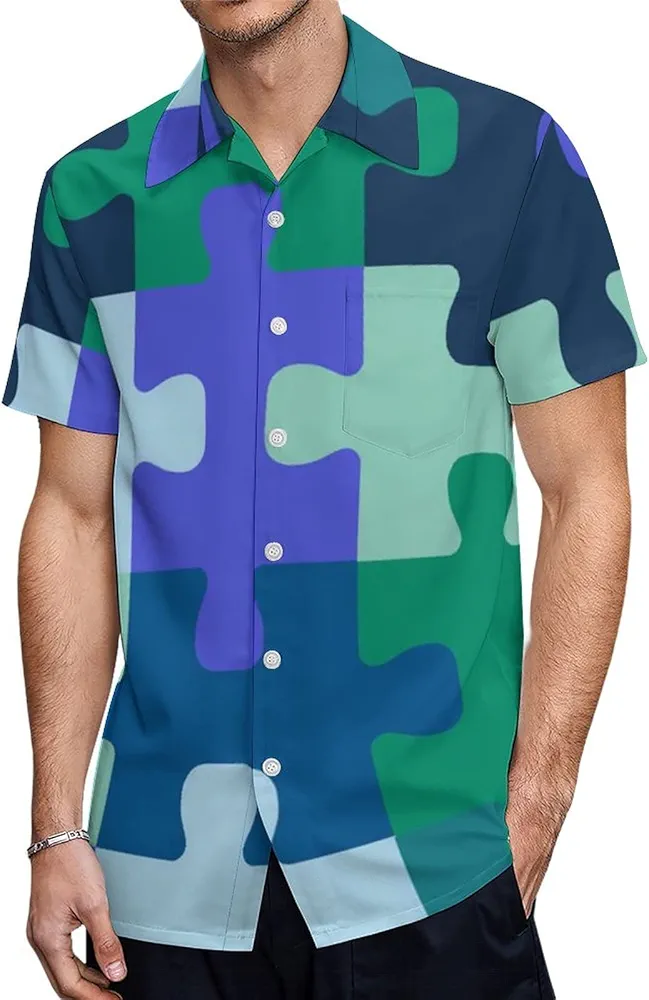 Jigsaw Puzzle Pieces Men's Short Sleeve Shirt Casual Loose Button Down Shirts for Work Beach Vacation