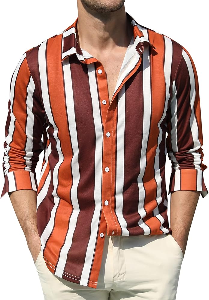 TURETRENDY Men's Casual Striped Button Down Shirts Stretch Long Sleeve Vacation Beach Shirts